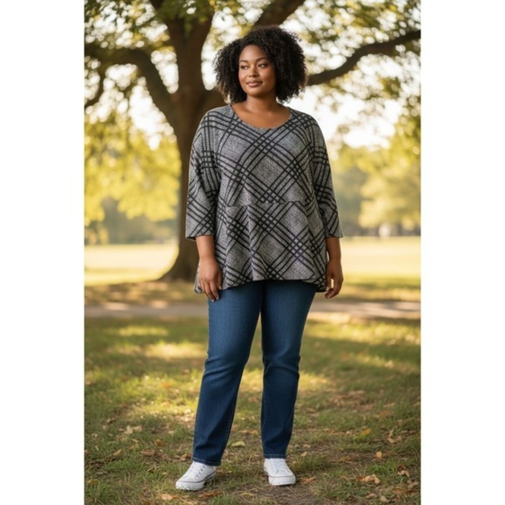 Alfani Women's Plus Size Gray Black Plaid Scoop Neck 3/4 Sleeve Tunic‎ Top